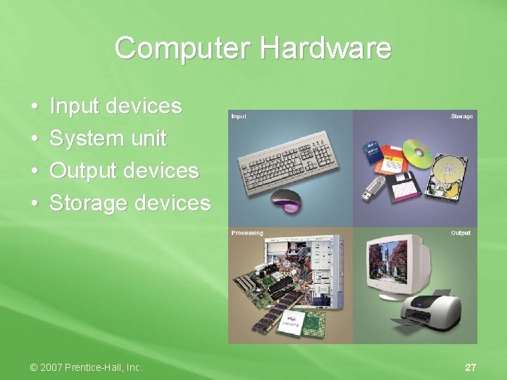 Computer Hardware • • Input devices System unit Output devices Storage devices © 2007