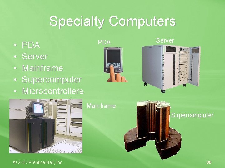 Specialty Computers • • • PDA Server Mainframe Supercomputer Microcontrollers PDA Server Mainframe Supercomputer