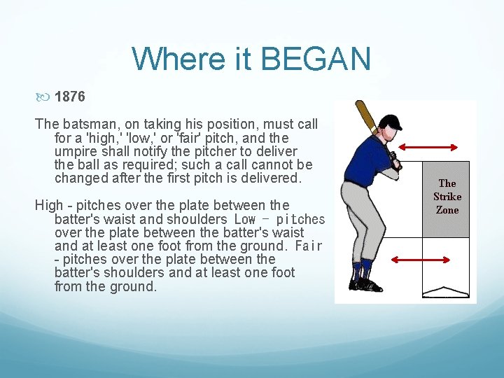 Where it BEGAN 1876 The batsman, on taking his position, must call for a