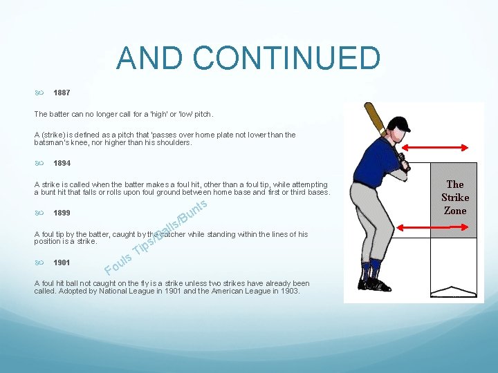 AND CONTINUED 1887 The batter can no longer call for a 'high' or 'low'