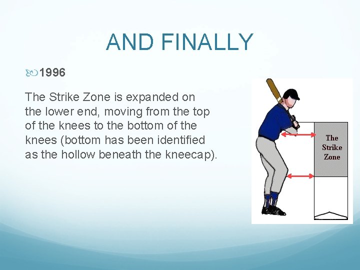 AND FINALLY 1996 The Strike Zone is expanded on the lower end, moving from