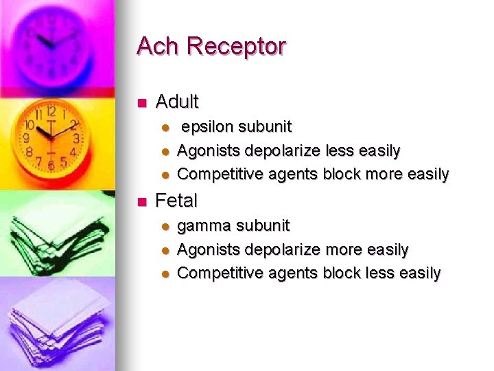 Ach Receptor n Adult l l l n epsilon subunit Agonists depolarize less easily