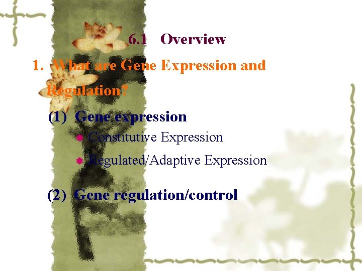 6. 1 Overview 1. What are Gene Expression and Regulation? (1) Gene expression Constitutive