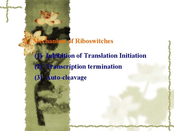 2. Mechanism of Riboswitches (1) Inhibition of Translation Initiation (2) Transcription termination (3) Auto-cleavage