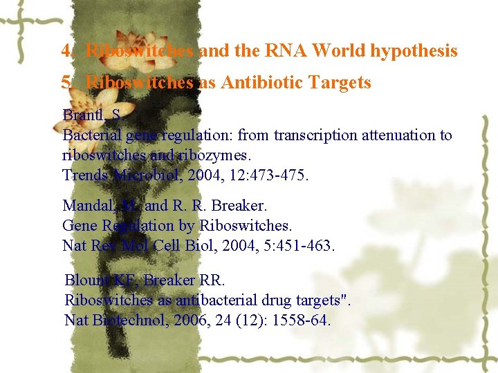 4. Riboswitches and the RNA World hypothesis 5. Riboswitches as Antibiotic Targets Brantl, S.
