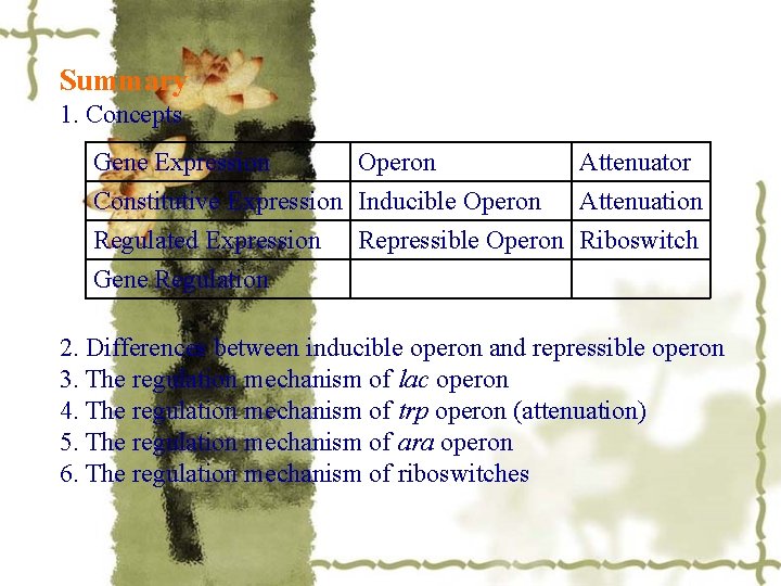 Summary 1. Concepts Gene Expression Operon Attenuator Constitutive Expression Inducible Operon Attenuation Regulated Expression