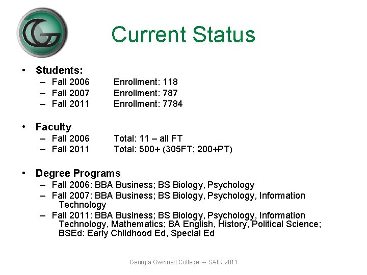 Current Status • Students: – Fall 2006 – Fall 2007 – Fall 2011 Enrollment: Current Status • Students: – Fall 2006 – Fall 2007 – Fall 2011 Enrollment:
