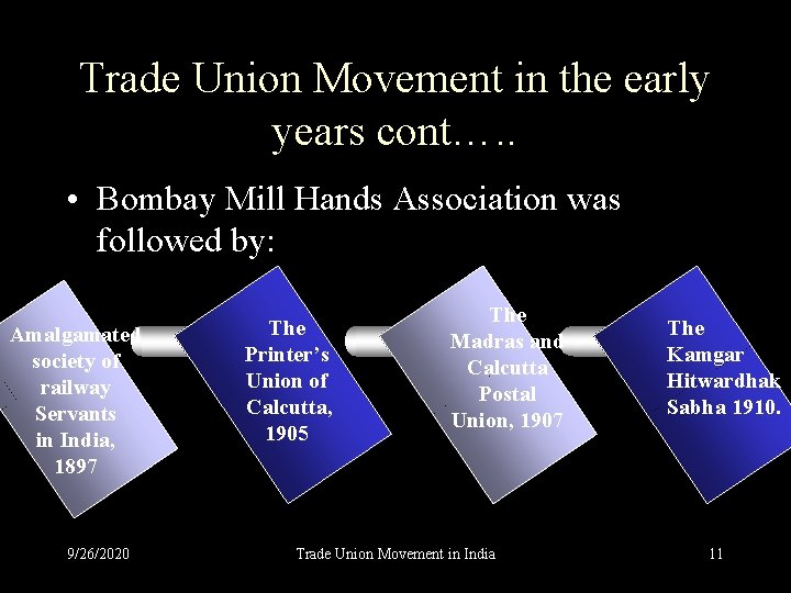 Trade Union Movement in the early years cont…. . • Bombay Mill Hands Association