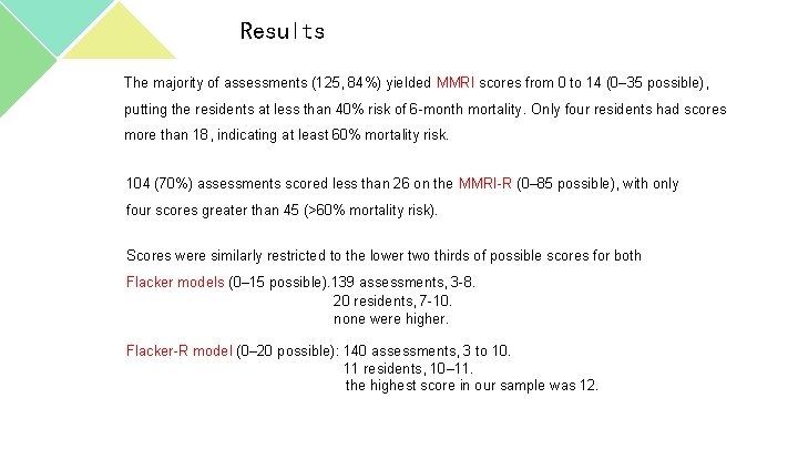 Results The majority of assessments (125, 84%) yielded MMRI scores from 0 to 14