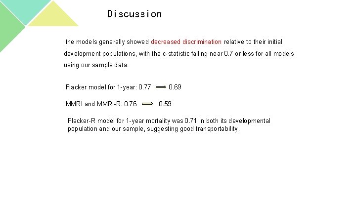 Discussion the models generally showed decreased discrimination relative to their initial development populations, with