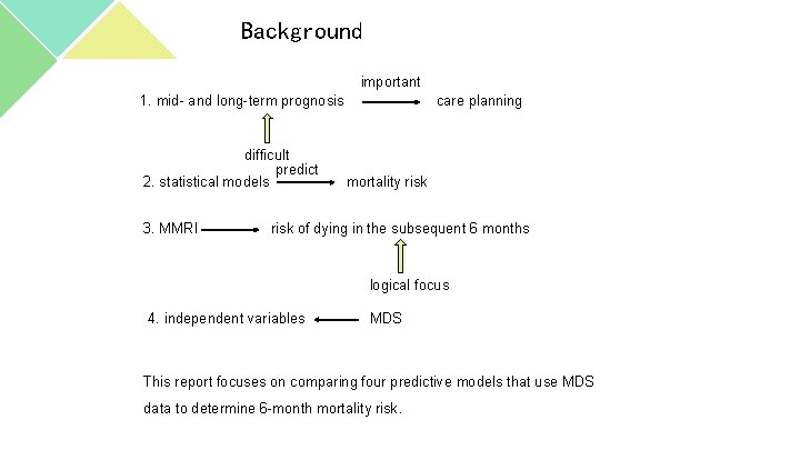 Background important 1. mid- and long-term prognosis difficult predict 2. statistical models 3. MMRI