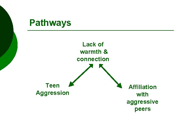 Pathways Lack of warmth & connection Teen Aggression Affiliation with aggressive peers 