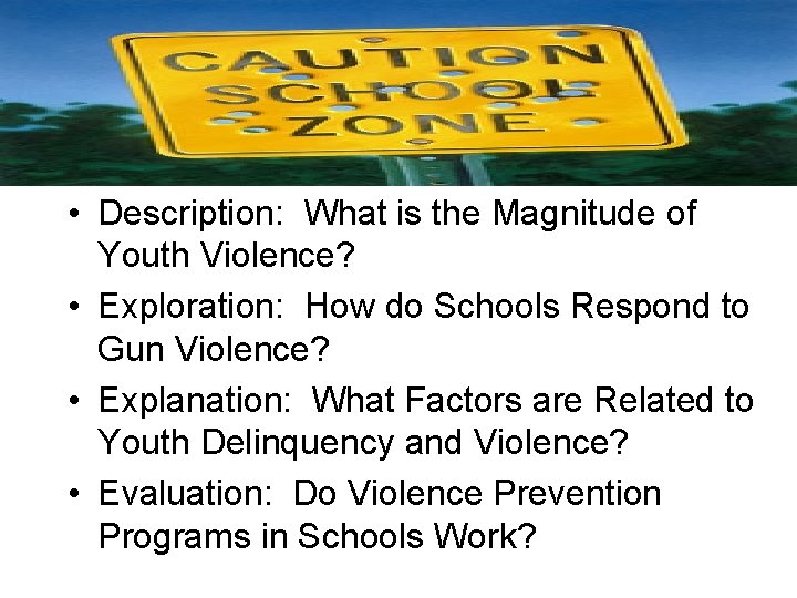  • Description: What is the Magnitude of Youth Violence? • Exploration: How do