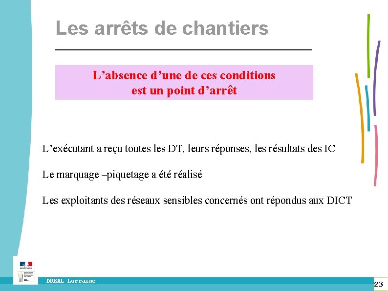 Les arrêts de chantiers L’absence d’une de ces conditions est un point d’arrêt L’exécutant