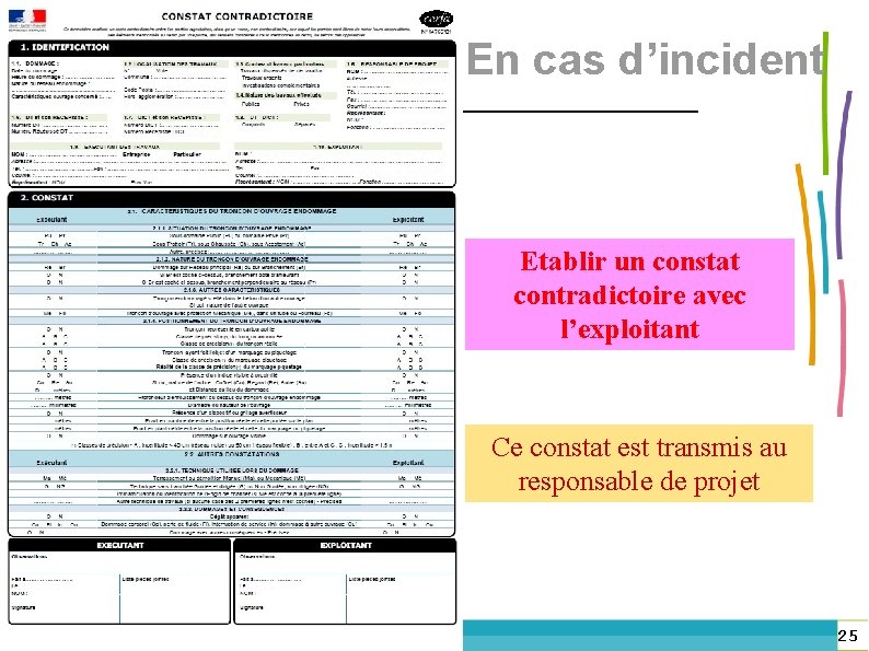 En cas d’incident Etablir un constat contradictoire avec l’exploitant Ce constat est transmis au