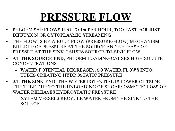 PRESSURE FLOW • PHLOEM SAP FLOWS UPO TO 1 m PER HOUR, TOO FAST