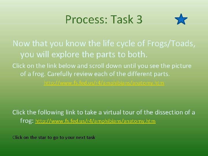 Process: Task 3 Now that you know the life cycle of Frogs/Toads, you will