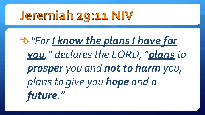 Jeremiah 29: 11 NIV “For I know the plans I have for you, ”