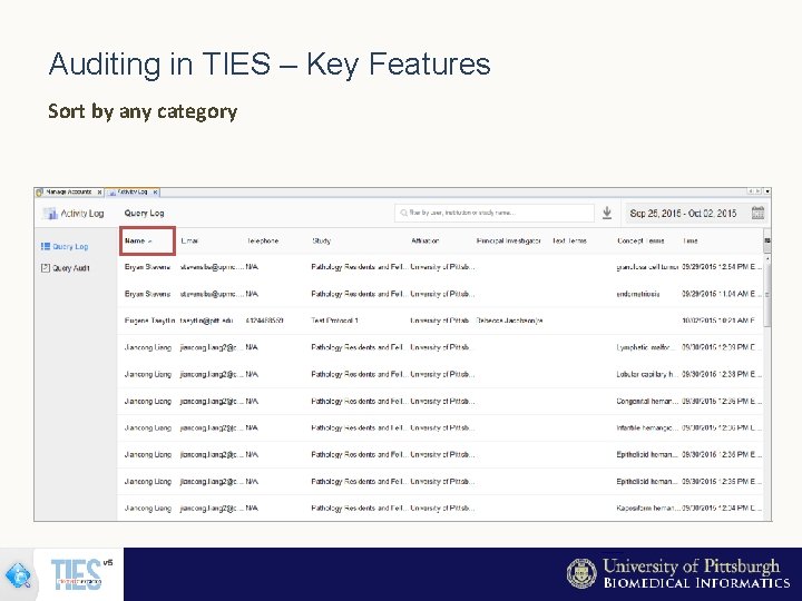 Auditing in TIES – Key Features Sort by any category 