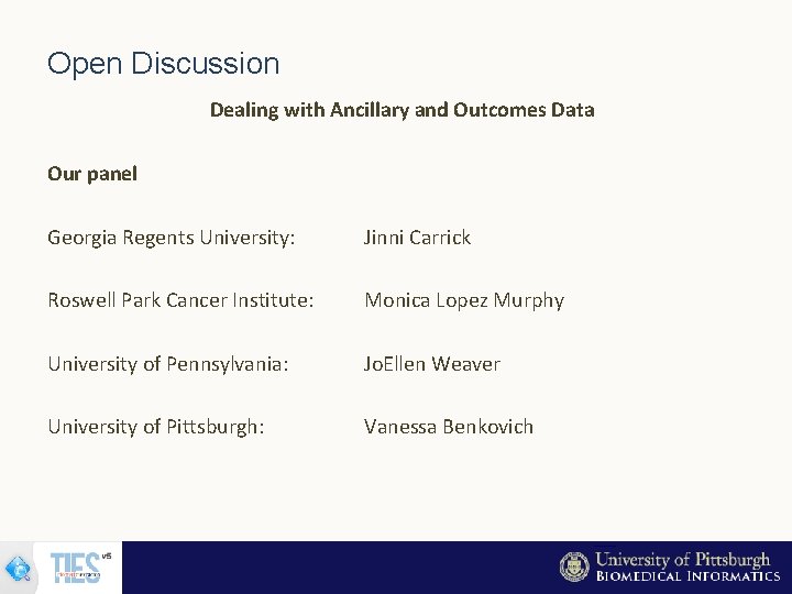 Open Discussion Dealing with Ancillary and Outcomes Data Our panel Georgia Regents University: Jinni