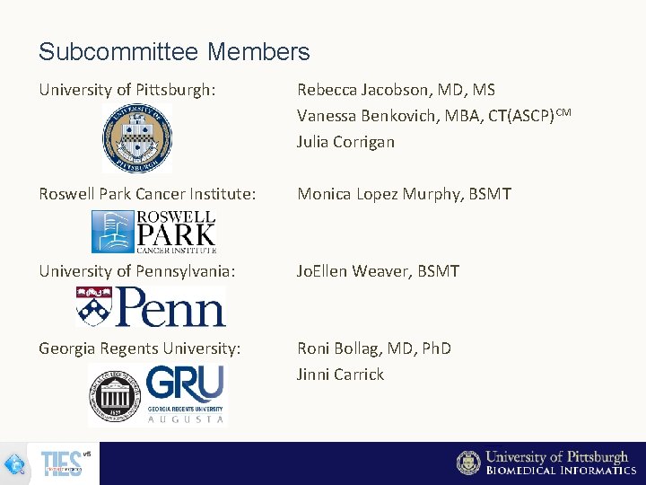 Subcommittee Members University of Pittsburgh: Rebecca Jacobson, MD, MS Vanessa Benkovich, MBA, CT(ASCP)CM Julia