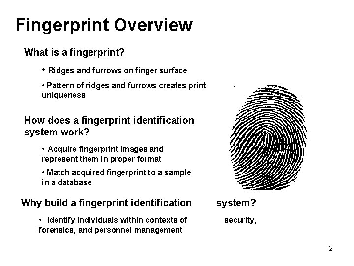 Fingerprint Overview What is a fingerprint? • Ridges and furrows on finger surface •