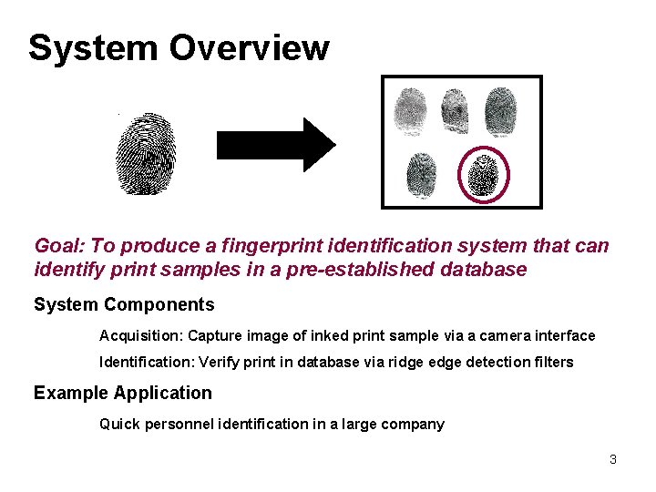 System Overview Goal: To produce a fingerprint identification system that can identify print samples