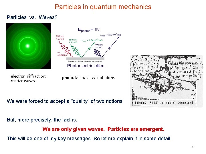 Particles in quantum mechanics Particles vs. Waves? electron diffraction: matter waves photoelectric effect: photons