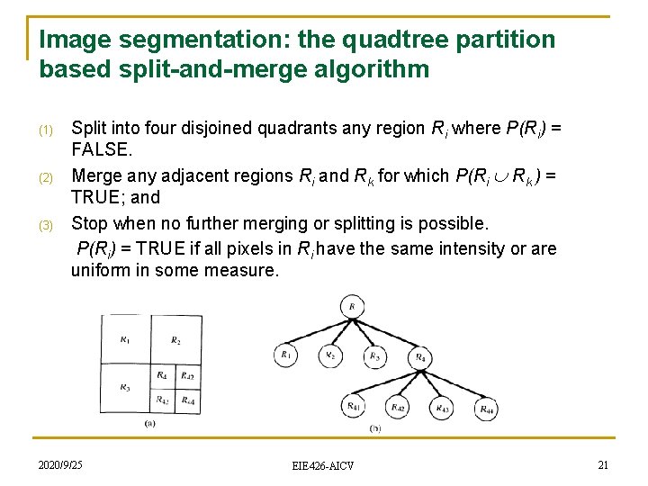 Image segmentation: the quadtree partition based split-and-merge algorithm (1) (2) (3) Split into four