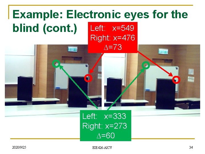 Example: Electronic eyes for the blind (cont. ) Left: x=549 Right: x=476 ∆=73 Left: