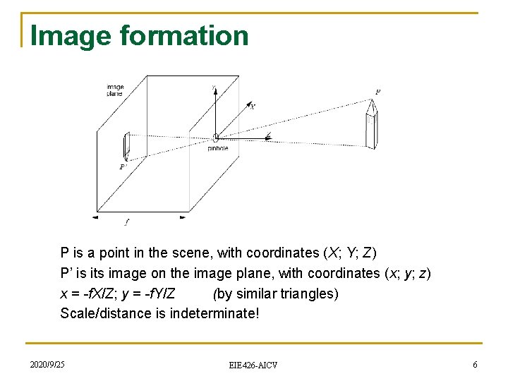 Image formation P is a point in the scene, with coordinates (X; Y; Z)