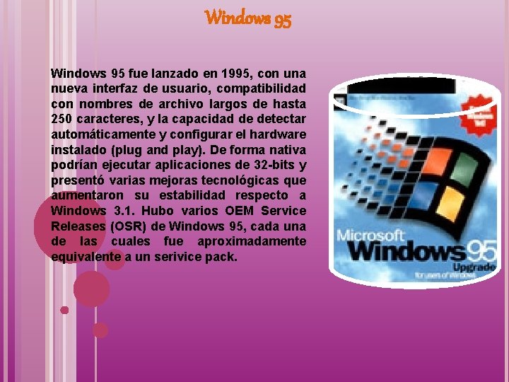 Windows 95 fue lanzado en 1995, con una nueva interfaz de usuario, compatibilidad con