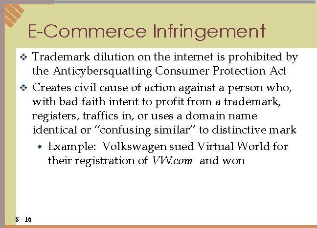 E-Commerce Infringement Trademark dilution on the internet is prohibited by the Anticybersquatting Consumer Protection