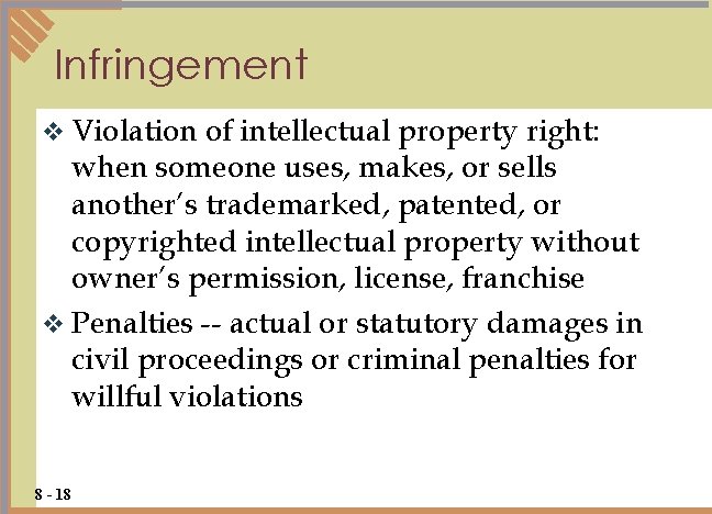 Infringement v Violation of intellectual property right: when someone uses, makes, or sells another’s