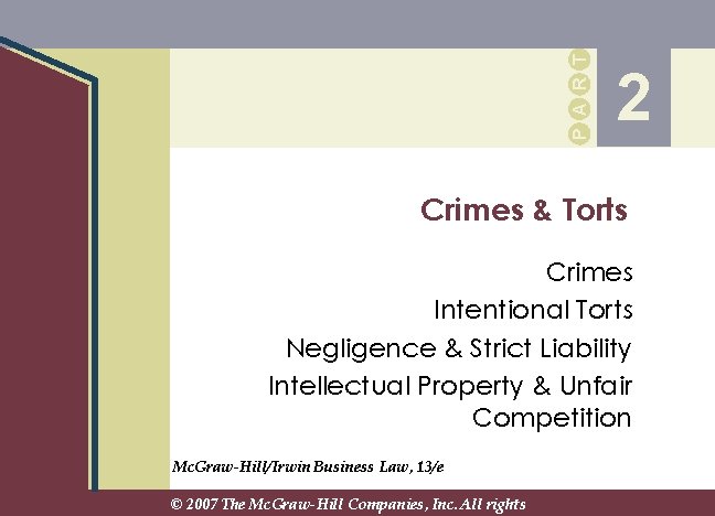 P A R T 2 Crimes & Torts Crimes Intentional Torts Negligence & Strict