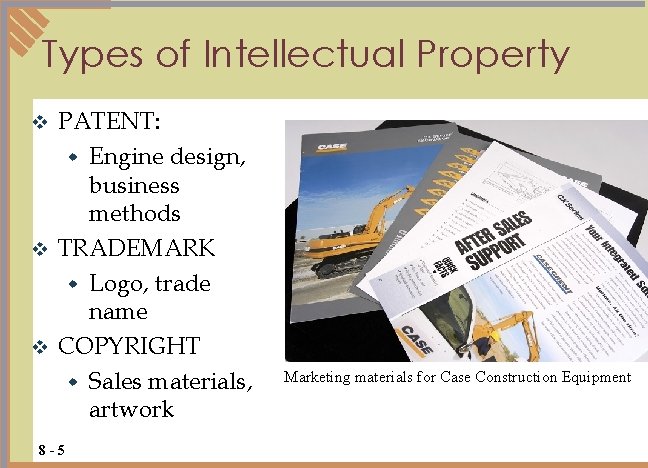 Types of Intellectual Property PATENT: w Engine design, business methods v TRADEMARK w Logo,