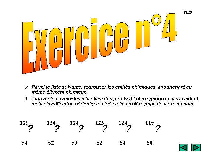 13/29 Exercice n° 4 Ø Parmi la liste suivante, regrouper les entités chimiques appartenant