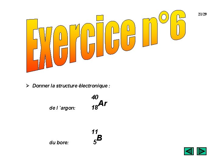 21/29 Exercice n° 6: Ø Donner la structure électronique : 40 de l ’argon:
