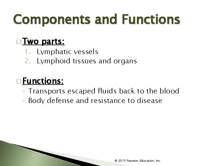 Components and Functions � Two parts: 1. Lymphatic vessels 2. Lymphoid tissues and organs