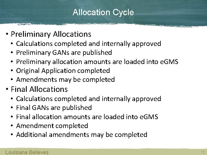 Allocation Cycle • Preliminary Allocations • • • Calculations completed and internally approved Preliminary