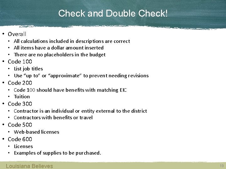 Check and Double Check! • Overall • All calculations included in descriptions are correct