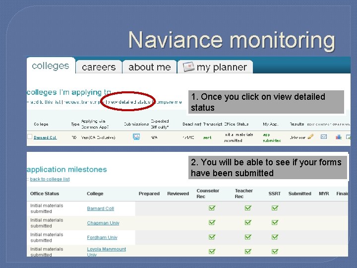 Naviance monitoring 1. Once you click on view detailed status 2. You will be