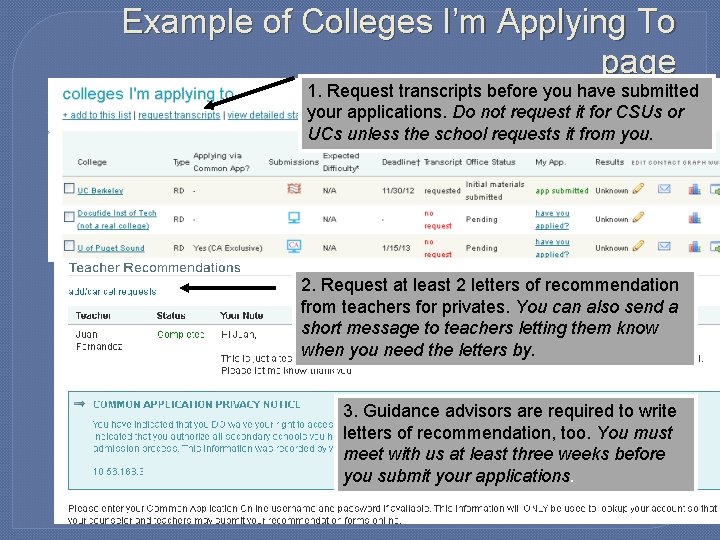 Example of Colleges I’m Applying To page 1. Request transcripts before you have submitted