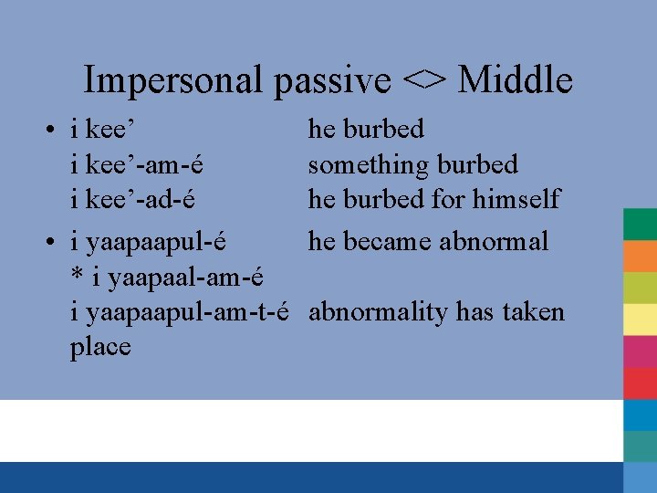 Impersonal passive <> Middle • i kee’-am-é i kee’-ad-é • i yaapaapul-é * i