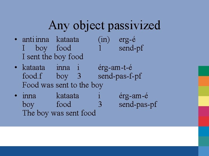 Any object passivized • anti inna kataata (in) erg-é I boy food 1 send-pf