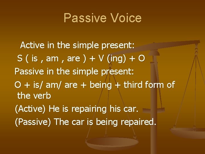 Passive Voice Active in the simple present: S ( is , am , are