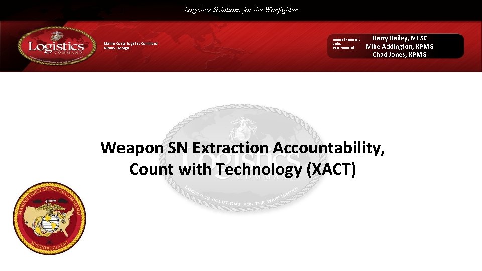 Logistics Solutions for the Warfighter Marine Corps Logistics Command Albany, Georgia Name of Presenter: