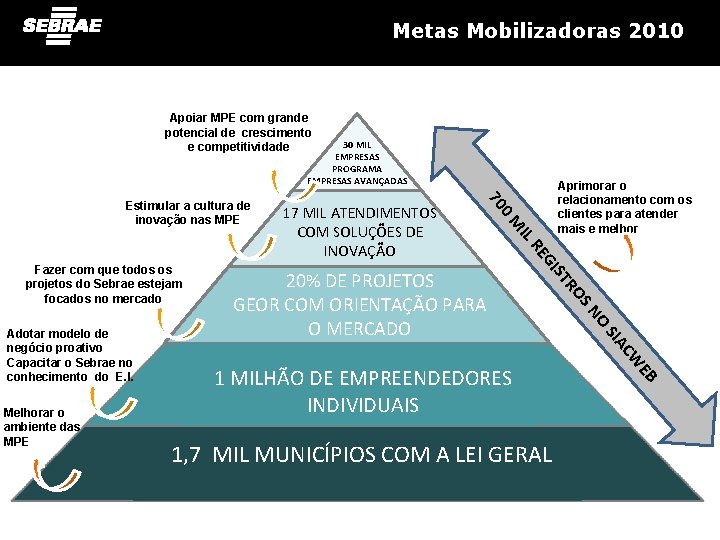 Metas Mobilizadoras 2010 Apoiar MPE com grande potencial de crescimento e competitividade 30 MIL