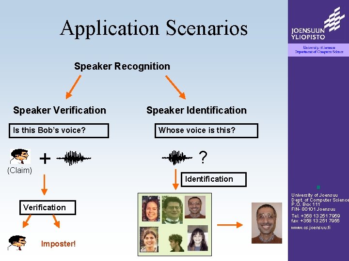 Application Scenarios Speaker Recognition Speaker Verification Is this Bob’s voice? (Claim) + Speaker Identification