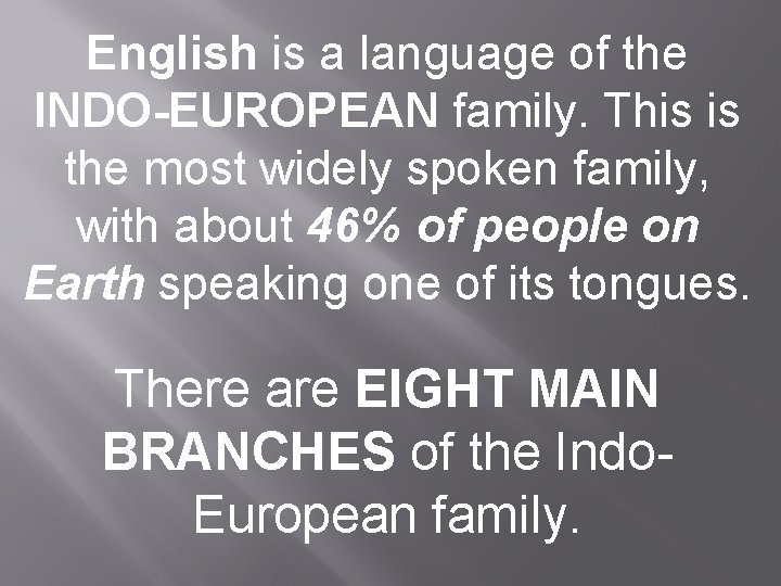 English is a language of the INDO-EUROPEAN family. This is the most widely spoken English is a language of the INDO-EUROPEAN family. This is the most widely spoken